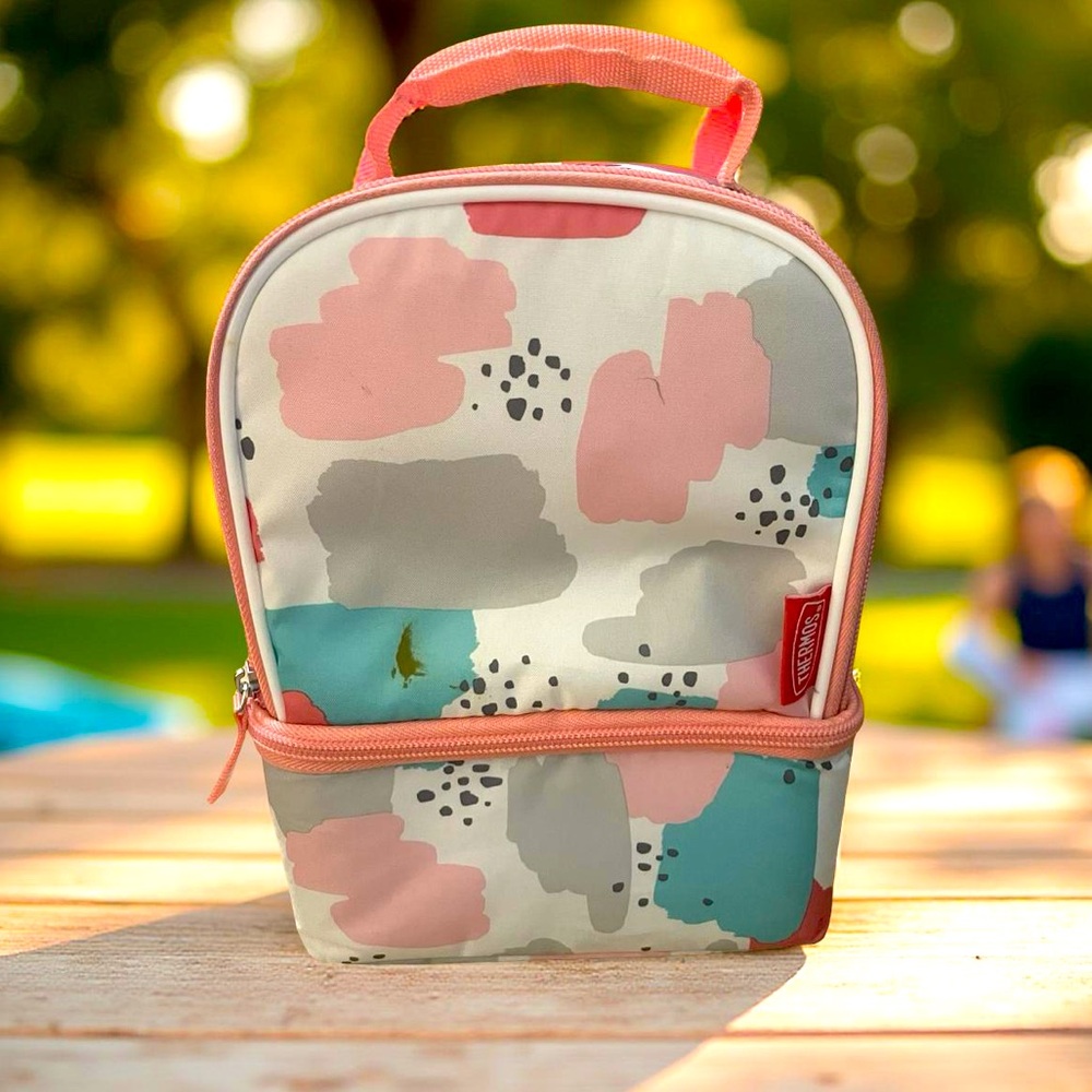 Thermos lunch bag zipper top bottom blue peach padded handle dual compartment